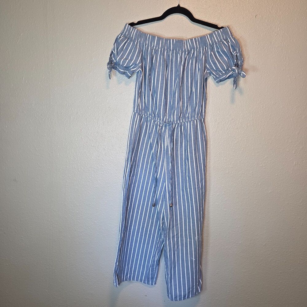 Blush Blue & White Striped Off-the-Shoulder Jumpsuit - Tie Sleeves - Size Medium